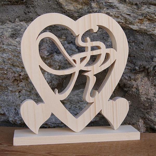 Coeur noce de bois, 5 ans de mariage, initiales personnalis&eacute;es, id&eacute;e cadeau noces de bois
